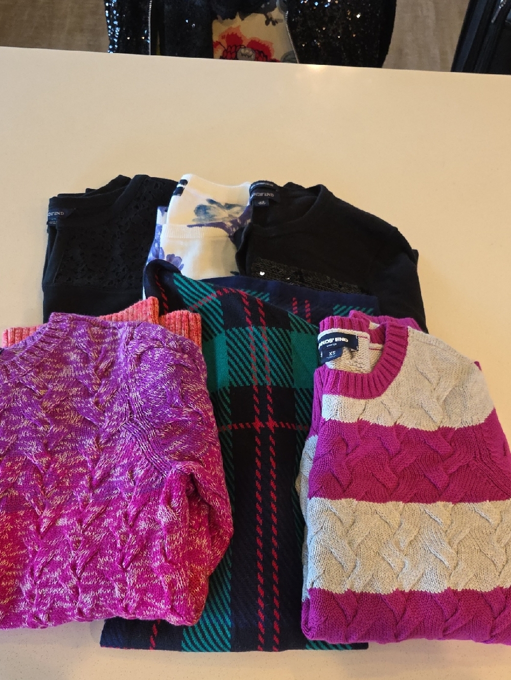 Lands' End Women's Mixed Sweater Lot in Fuchsia, Cream & Green Plaid